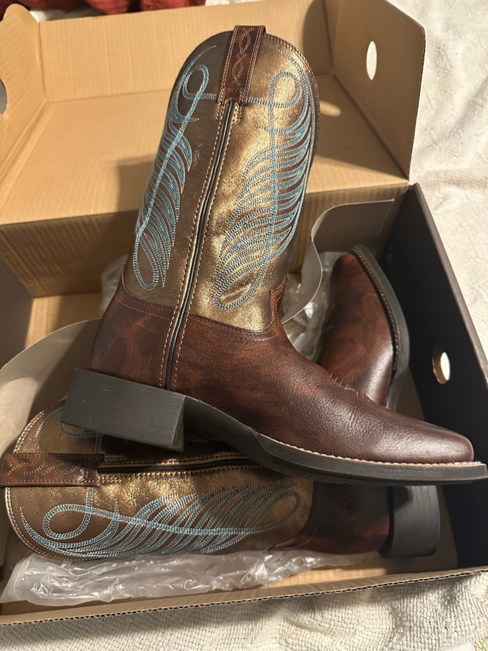 Ariat Brown Leather Cowboy Boots with Light Blue Embroidery